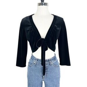 Vintage MSK Velvet‎ Bolero Shrug Women Medium Black Tie Front Crop Cardigan Y2K